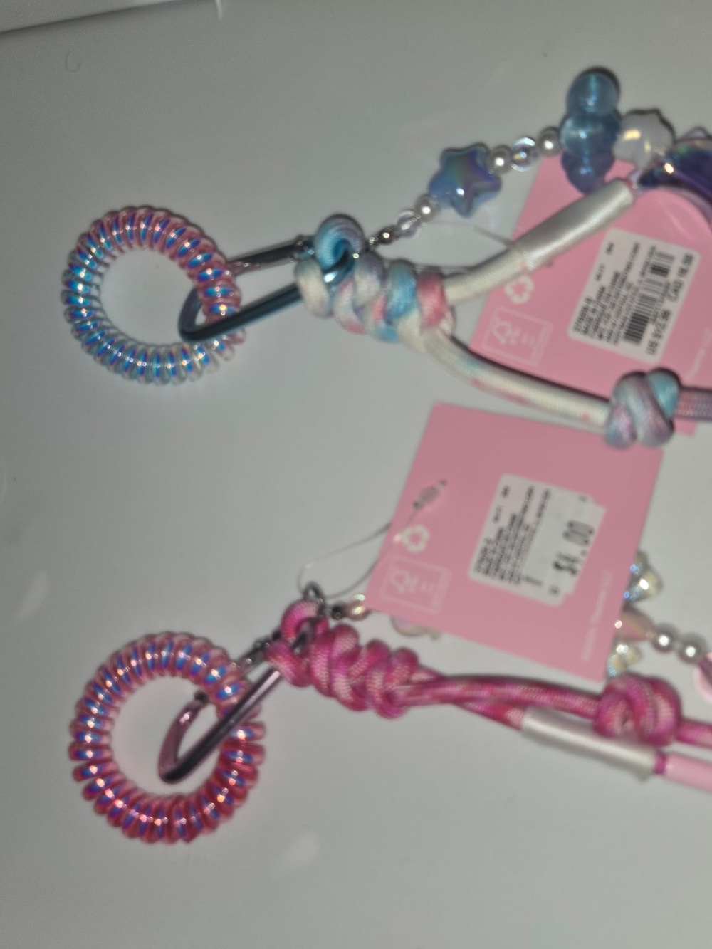 Kids Spiral Keyring with Pastel Beads and Knotted Cord - Pink & Blue